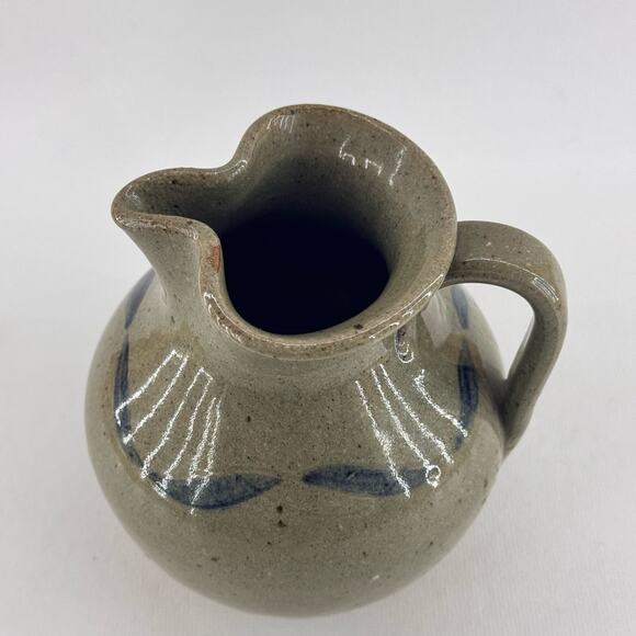 Handmade Studio Art Pottery Stoneware Pitcher Green Blue Primitive 5" Stamped - Picture 4 of 8